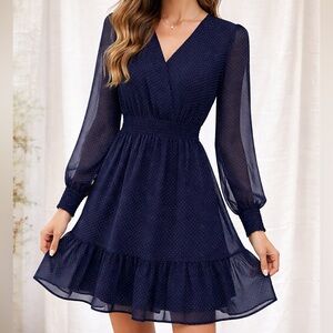 Banana Republic Long-Sleeve Navy Polka Dot Wrap Dress